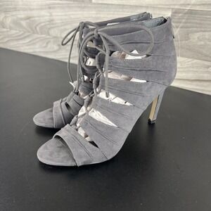BCBGeneration Sandals Bootie Womens 9 Grey Suede Peep-Toe Lace Up Stiletto Heels
